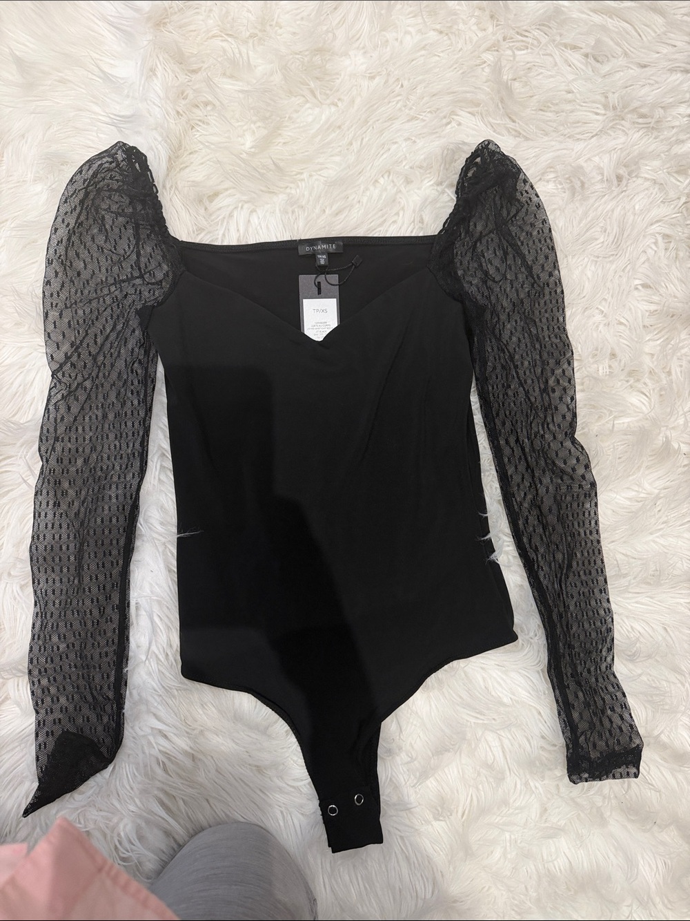 Dynamite Black Puff-Sleeve Mesh Bodysuit